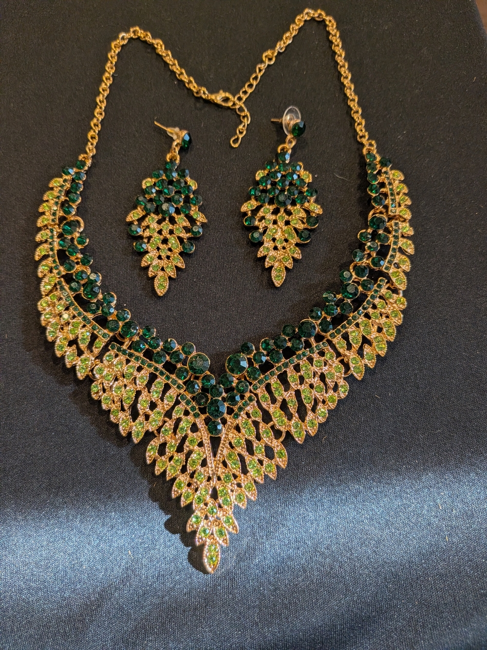 Gold-Tone Necklace 10.5" & Earrings 2.5" Set with Emerald Green Stones
